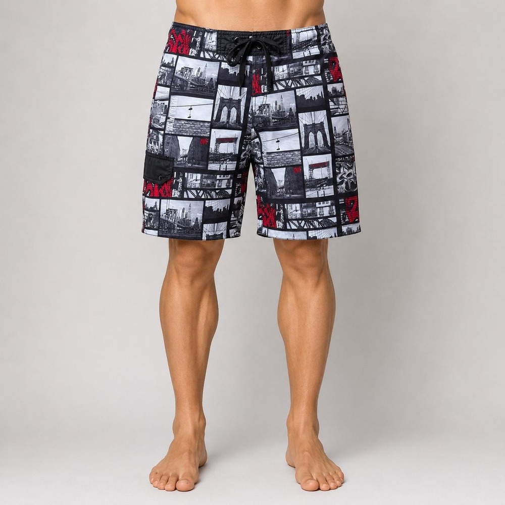 Carbon Mens NYC Photo Print Board Shorts Black White Red Size 36 Brooklyn Bridge